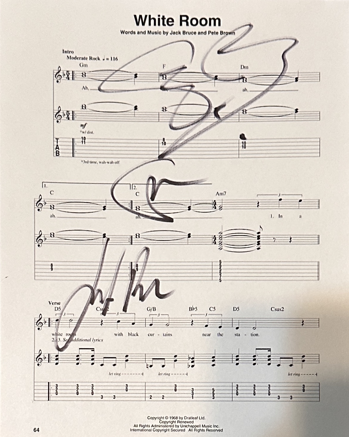 Cream Autographed Sheet Music ERIC JACK GINGER