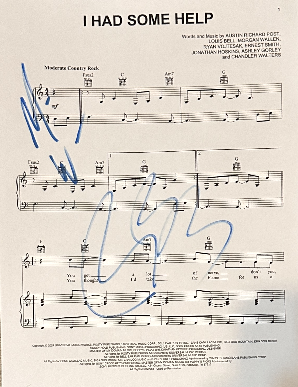 Morgan WALLEN Post Malone Autogrpahed Sheet MUSIC